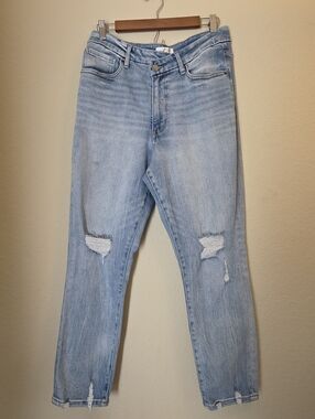 BKE Ellie High Rise Mom Jeans Womens 32x38 Light Distressed Asymmetrical Waist